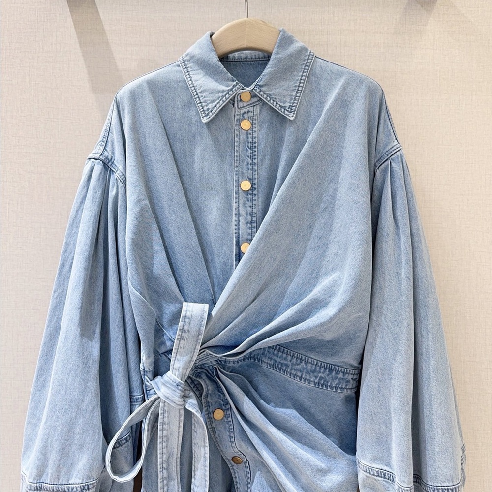 Zimmermann Light Blue Denim Wrap Mini Dress with Balloon Sleeves - Picture 5 of 6